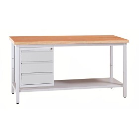 Wolfstahl Werkbank stahl mit 3 Schubladen 120x60x84cm lichtgrau Tischplatte 30mm buche