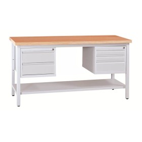 Wolfstahl Werkbank stahl mit 5 Schubladen 120x60x84cm lichtgrau Tischplatte 30mm buche