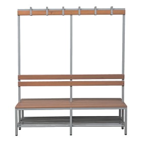 Banc double en acier et bois Wolfstahl, avec crochets et étagère à chaussures 200x40x40cm gris clair - hêtre