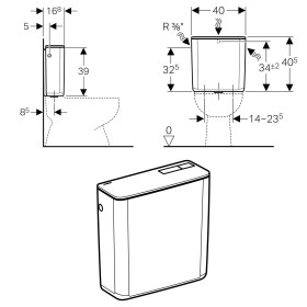 Geberit AP-Spülkasten AP128, 2-Mengen-Spülung, Wasseranschluss hinten mittig und seitlich