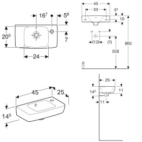 Geberit Renova Compact Handwaschbecken 45 cm verkürzte Ablage, mit Ablagefläche und Hahnloch rechts