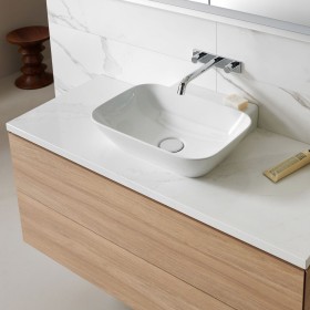 Geberit ONE Aufsatzwaschtisch Schalenform, ohne Hahnloch, ohne Überlauf, Abgang vertikal