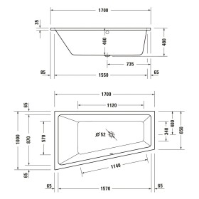 Baignoire à remous Duravit No. 1 Trapez Jet Project 170 x 100 cm avec 1 dossier incliné à gauche