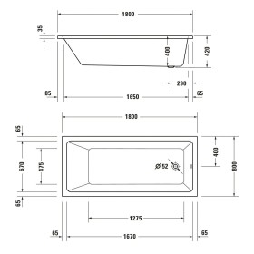 Baignoire rectangulaire Duravit No. 1 Jet Project 180 x 80 cm avec 1 dossier incliné