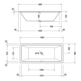 Baignoire rectangulaire à remous Duravit No. 1 Jet Project 180 x 80 cm avec 2 dossiers inclinés