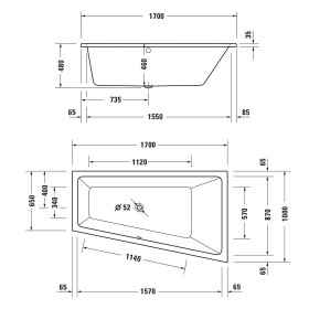 Baignoire balnéo Duravit No. 1 Trapez Jet Project 170 x 100 cm avec 1 dossier incliné à droite