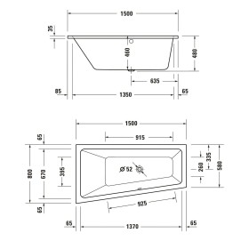 Duravit No. 1 Baignoire d'angle à jets Trapez Jet Project 150 x 80 cm avec 1 dossier incliné à gauche