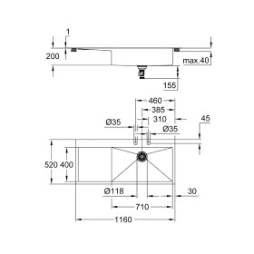 Évier encastrable en acier inoxydable GROHE K1000 116 x 52 cm avec égouttoir, cuve à droite