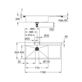 Évier encastrable en acier inoxydable GROHE K1000 116 x 52 cm avec égouttoir, cuve à gauche