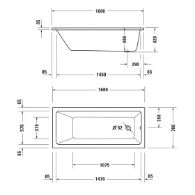 Baignoire balnéo rectangulaire Duravit No. 1 Jet Project 160 x 70 cm avec 1 dossier incliné