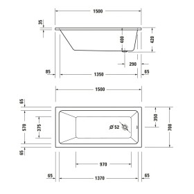 Baignoire rectangulaire à jets Duravit No. 1 Project 150 x 70 cm avec 1 dossier incliné