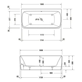 Vasca rettangolare Duravit Qatego con sistema Air 180 x 80 cm, versione a parete