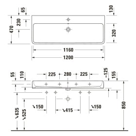 Lavabo Duravit Qatego 120 x 47 cm brossé, sans trou de robinet, avec HygieneGlace
