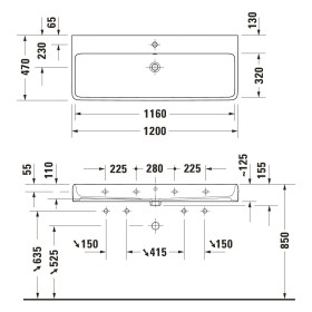 Lavabo Duravit Qatego 120 x 47 cm, 2x 1 trou de robinet, avec HygieneGlace