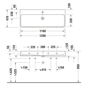 Lavabo Duravit Qatego 120 x 47 cm satiné, 2x 1 trou de robinet
