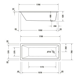 Baignoire rectangulaire à remous Duravit No. 1 Jet Project 170 x 70 cm avec 1 dossier incliné
