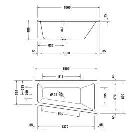 Duravit No. 1 Baignoire d'angle avec système de massage Jet Project 150 x 80 cm avec 1 dossier incliné à droite