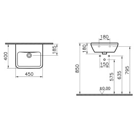 Vasque à main VitrA Integra 45 cm, avec trop-plein, sans trou de robinet