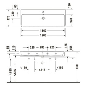Lavabo Duravit Qatego 120 x 47 cm poli, 1 trou de robinet