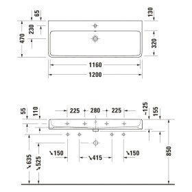 Lavabo Duravit Qatego 120 x 47 cm, 2x 1 trou de robinet