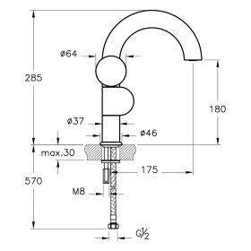 Miscelatore monocomando per lavabo VitrA Liquid 28,5 cm, versione per mancini