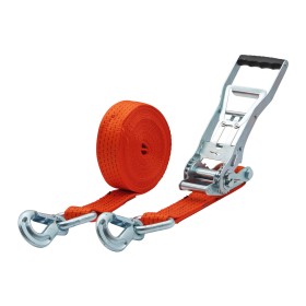 Zurrgurt 5000kg 2-teilig 50mm – 8 m mit Langarm-Zugratsche und Sicherungszurrhaken – 2500daN Orange
