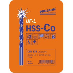Cassetta di punte elicoidali multiuso PROJAHN HSS-Co DIN 338 Tipo UF-L 19 pezzi